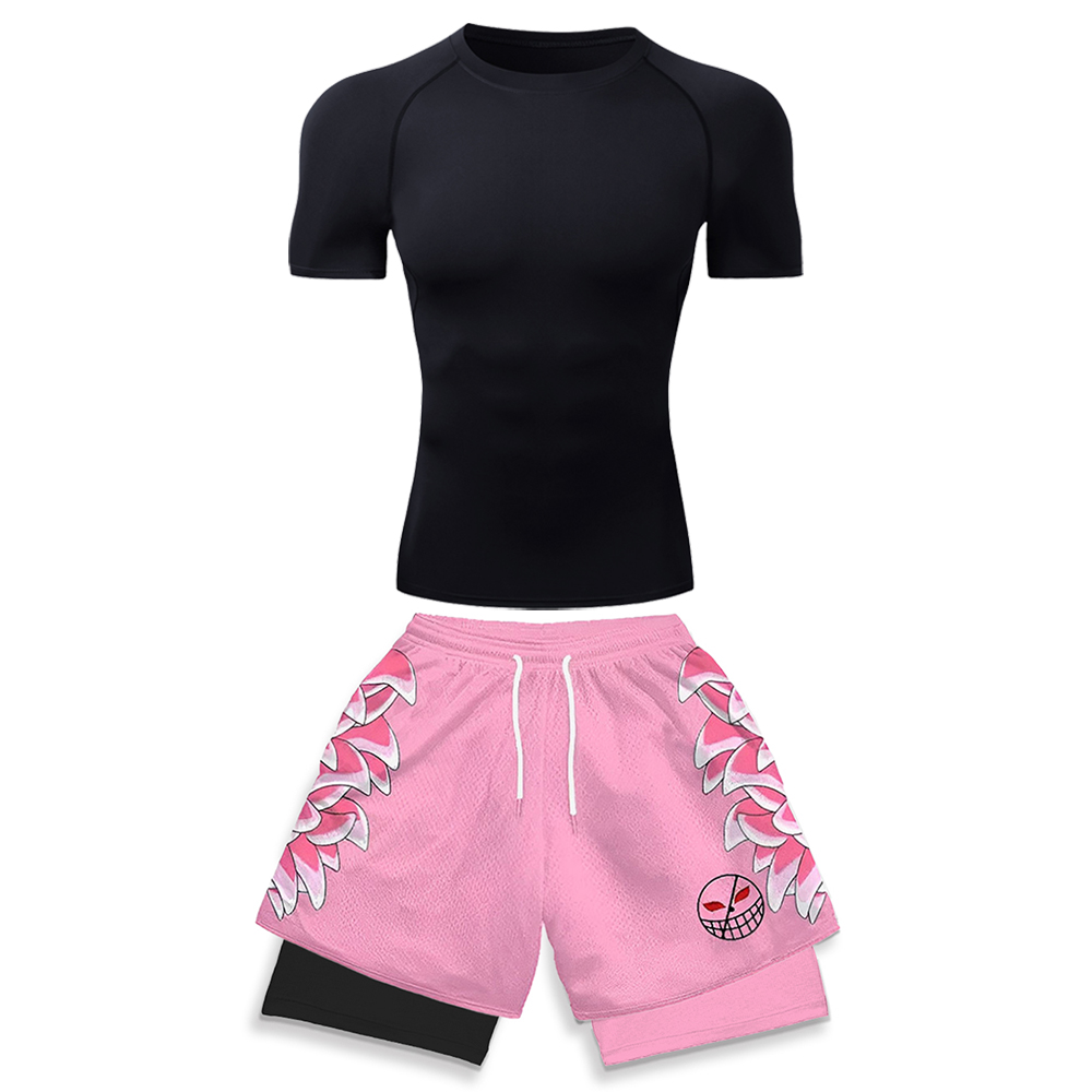 Running Jogging Gear - 高弾性ワークアウトウェア男性用ホワイトコンプレッションTシャツ＆ピンク3Dグラフィックプリントランニングショーツアニメジムジョギングウェア